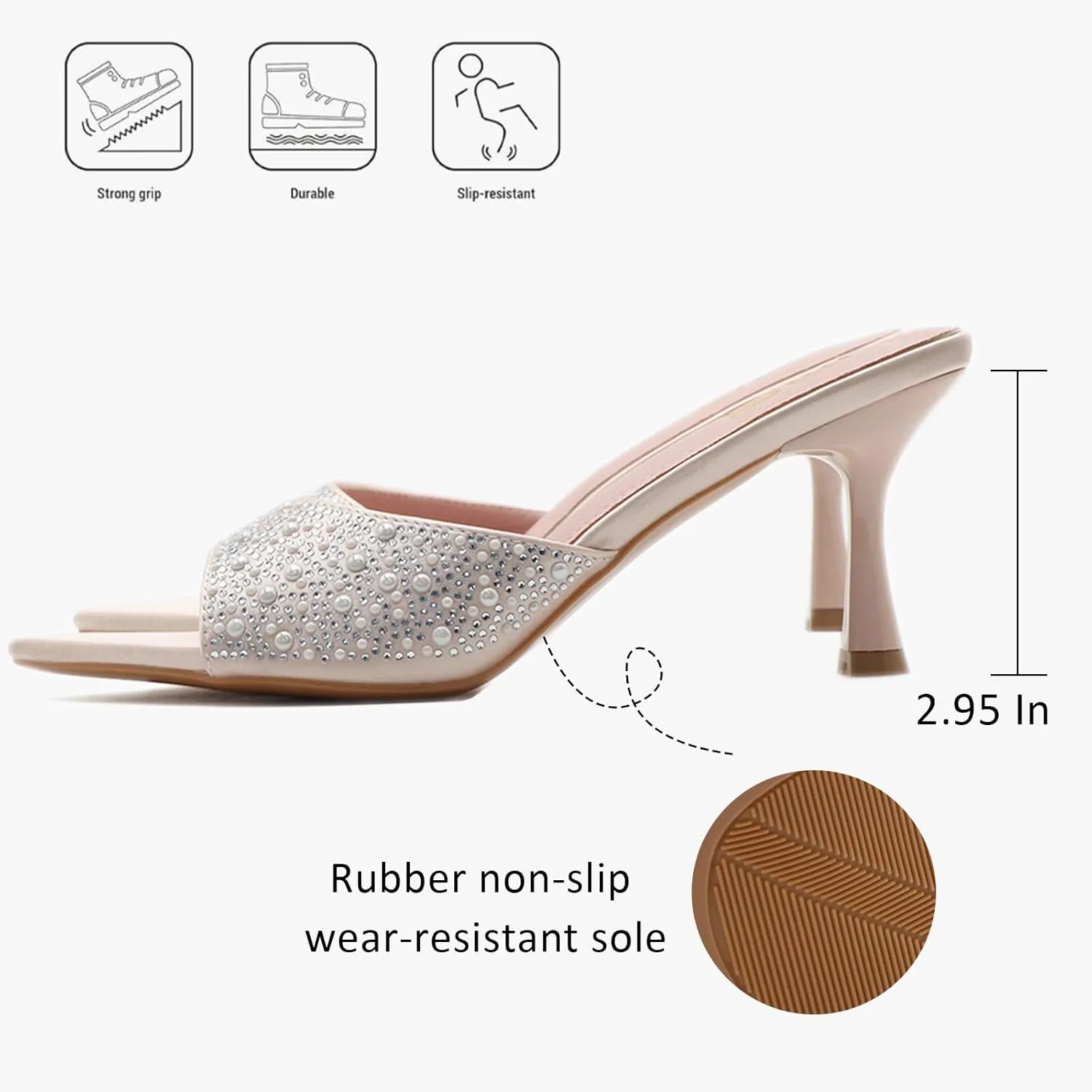 Women's Pearl Rhinestone Kitten Heel Mules Slide Sandals Sexy Pointed Toe Backless Comfort Slip on Anti-slip Stiletto Heels Sandals for Summer Party Dress