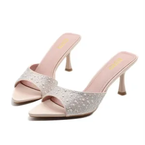 Women's Pearl Rhinestone Kitten Heel Mules Slide Sandals Sexy Pointed Toe Backless Comfort Slip on Anti-slip Stiletto Heels Sandals for Summer Party Dress