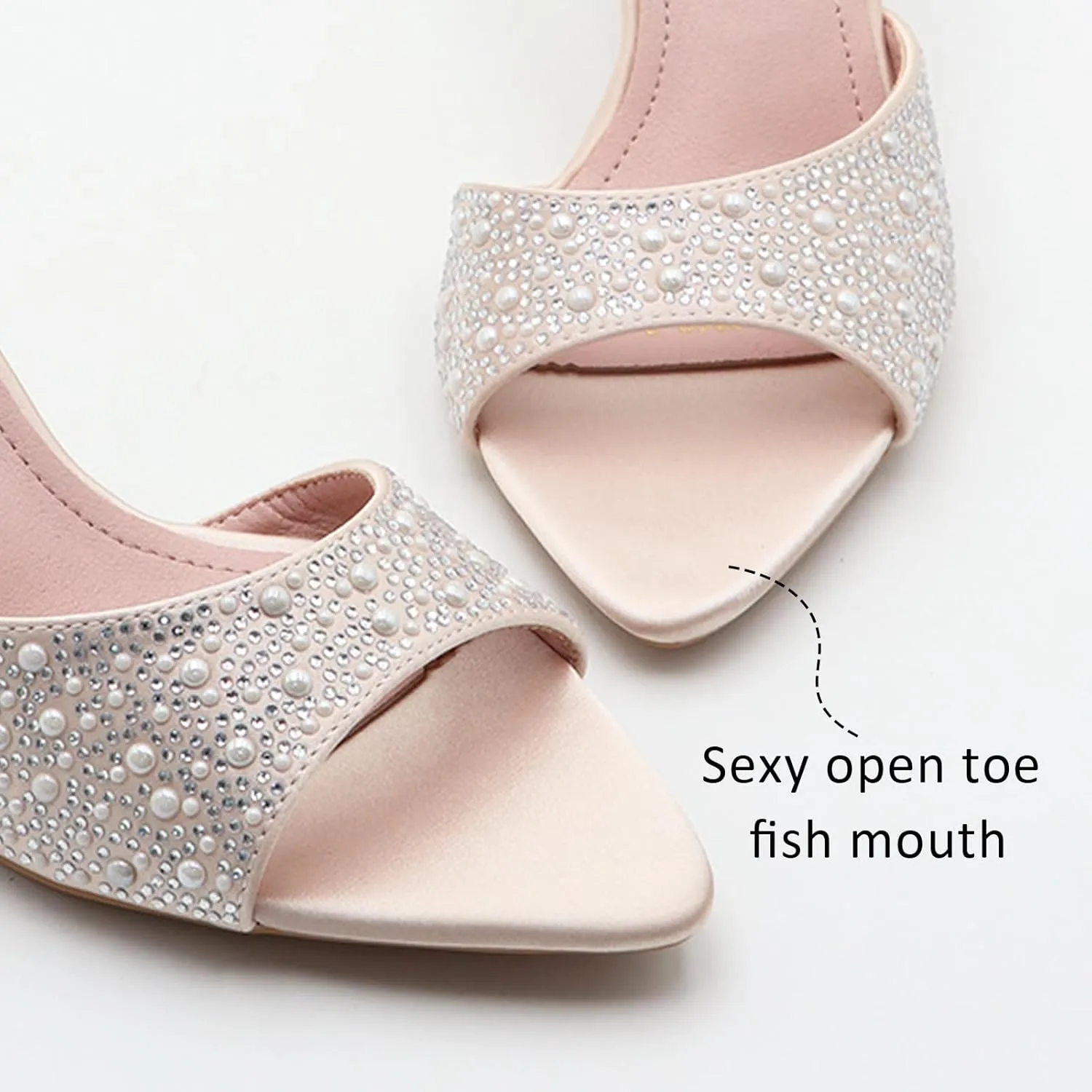 Women's Pearl Rhinestone Kitten Heel Mules Slide Sandals Sexy Pointed Toe Backless Comfort Slip on Anti-slip Stiletto Heels Sandals for Summer Party Dress