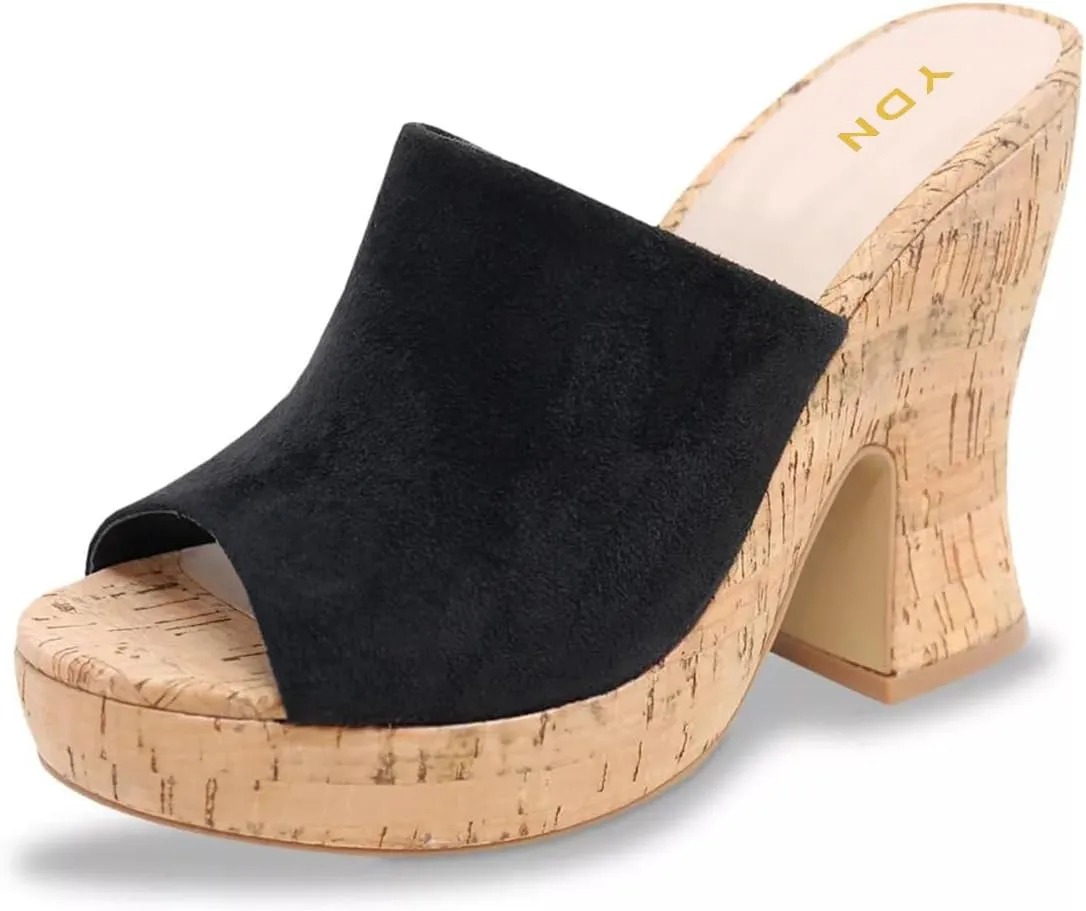 YDN Women's Platform Peep Toe Chunky High Heel Slide Sandals Slip On Backless Slippers Mules Comfy Casual Dress Shoes Size 4-16 US
