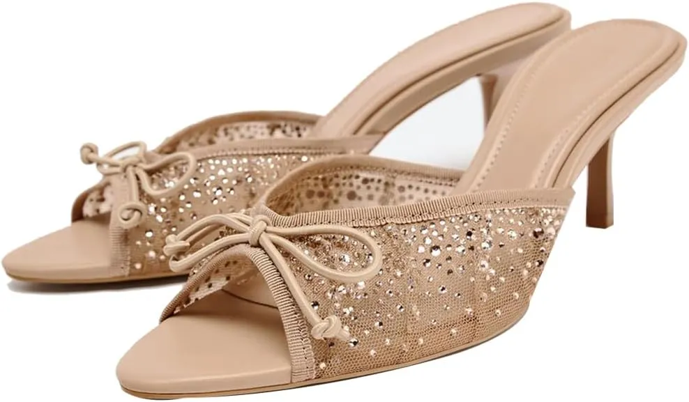 YIYA Women's Nude Mesh Rhinestone Kitten Heels Sandals with Bow Open Peep Toe Stiletto Heels Slip On Slide Backless Party Dress Mules Shoes