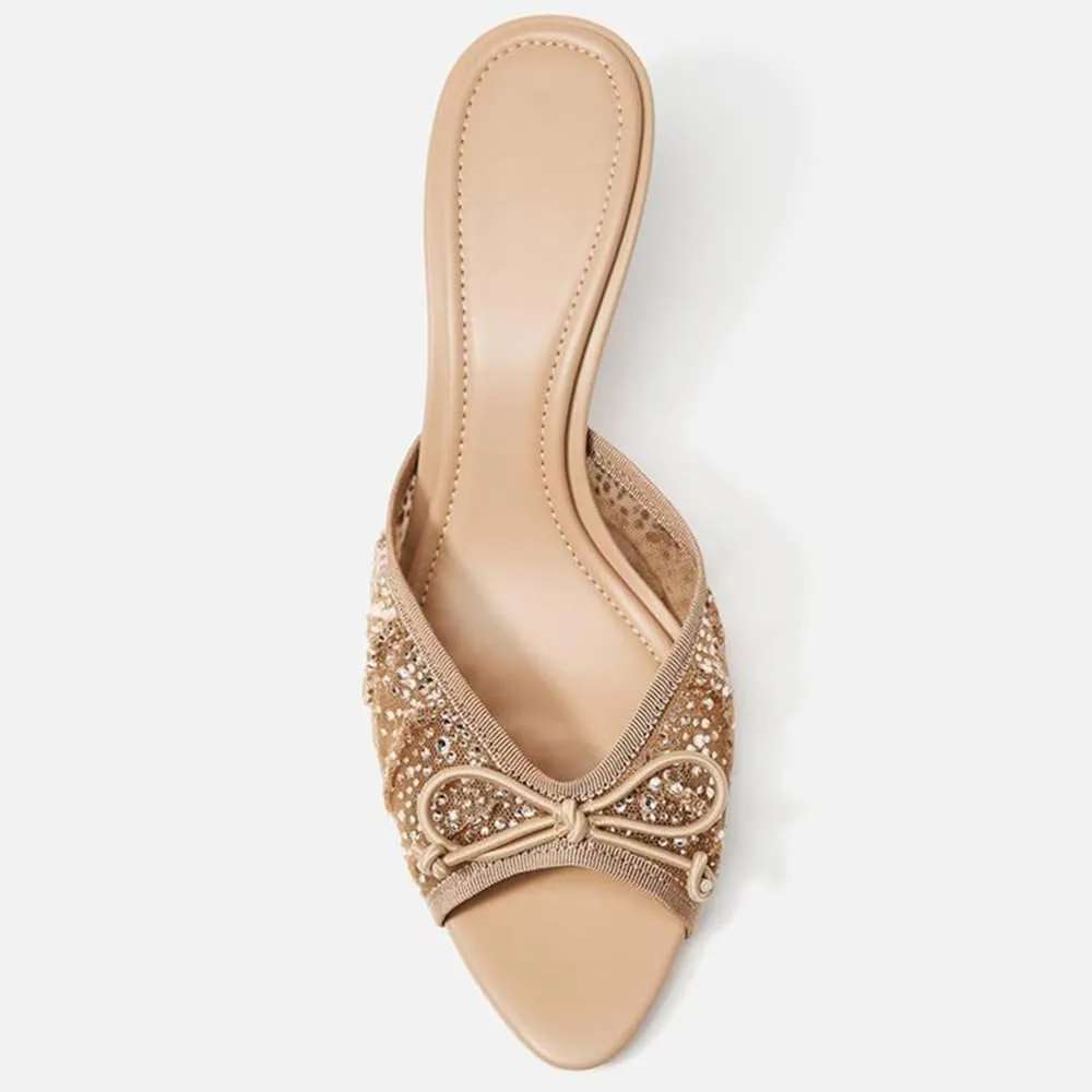 YIYA Women's Nude Mesh Rhinestone Kitten Heels Sandals with Bow Open Peep Toe Stiletto Heels Slip On Slide Backless Party Dress Mules Shoes