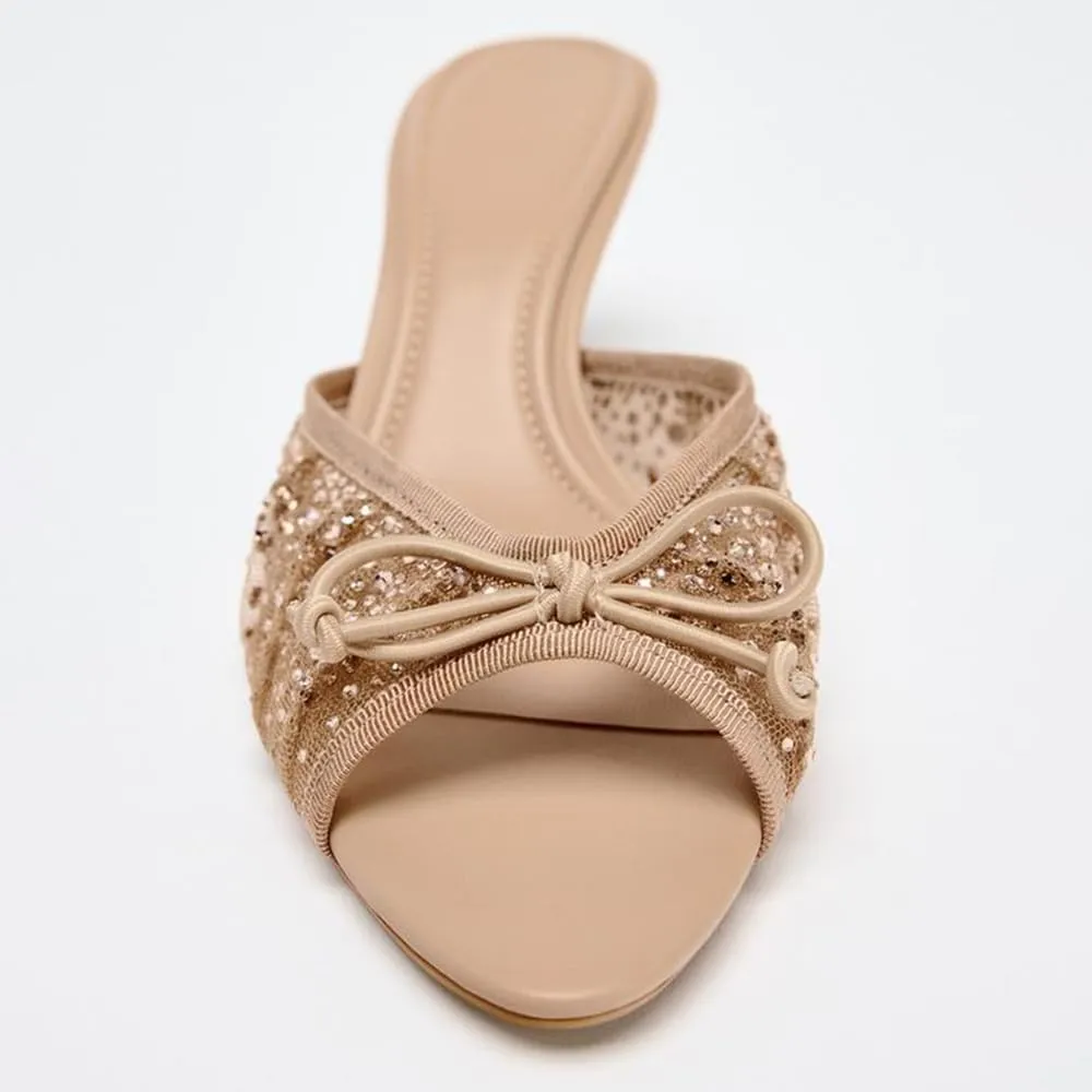 YIYA Women's Nude Mesh Rhinestone Kitten Heels Sandals with Bow Open Peep Toe Stiletto Heels Slip On Slide Backless Party Dress Mules Shoes