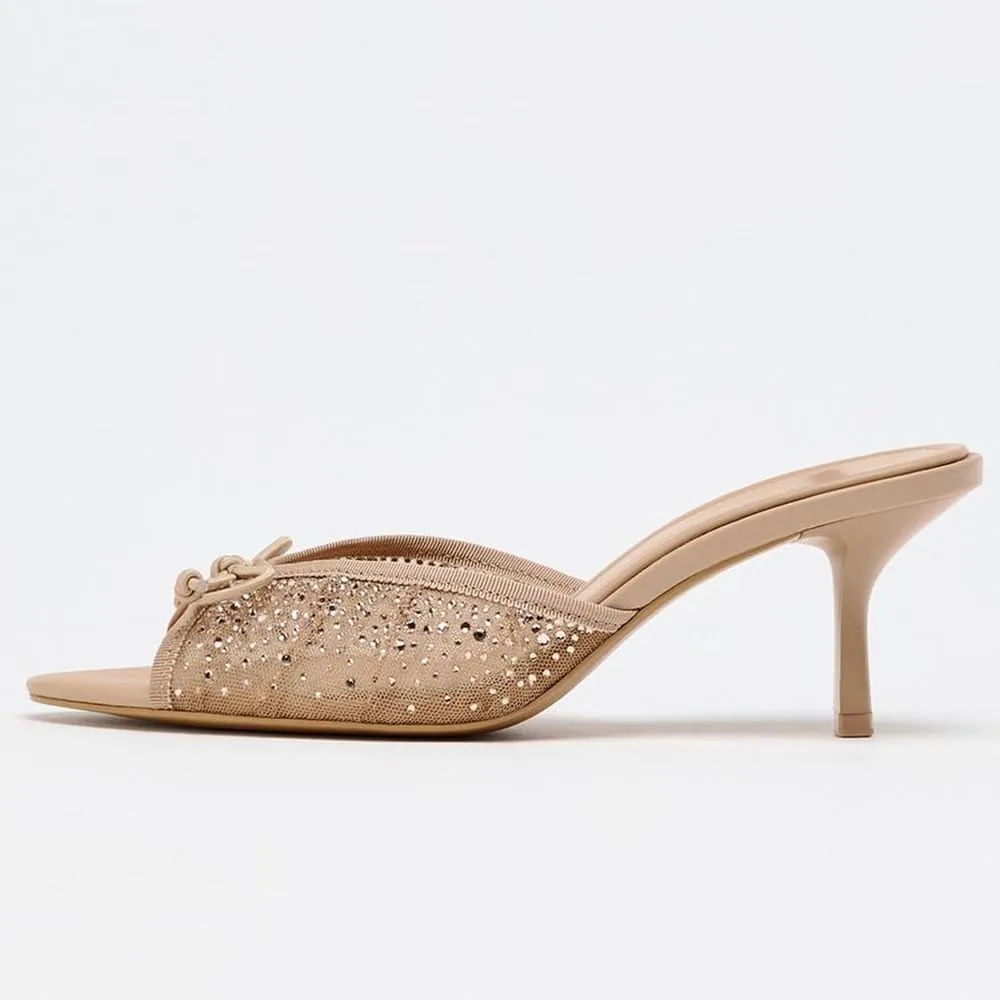 YIYA Women's Nude Mesh Rhinestone Kitten Heels Sandals with Bow Open Peep Toe Stiletto Heels Slip On Slide Backless Party Dress Mules Shoes