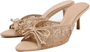 YIYA Women's Nude Mesh Rhinestone Kitten Heels Sandals with Bow Open Peep Toe Stiletto Heels Slip On Slide Backless Party Dress Mules Shoes