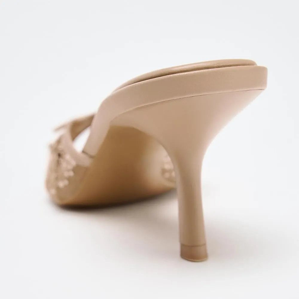 YIYA Women's Nude Mesh Rhinestone Kitten Heels Sandals with Bow Open Peep Toe Stiletto Heels Slip On Slide Backless Party Dress Mules Shoes