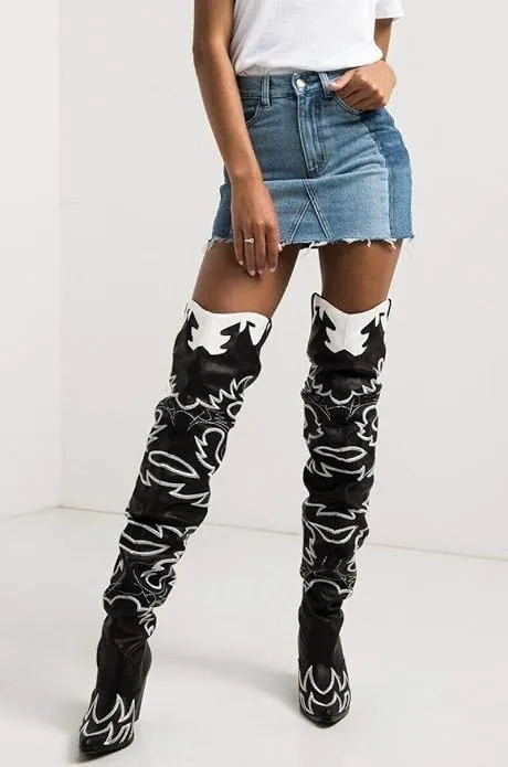 YOKI Cowgirl Boots Women, Over the Knee Western Cowboy Boots for Women with Chunky Block Heels
